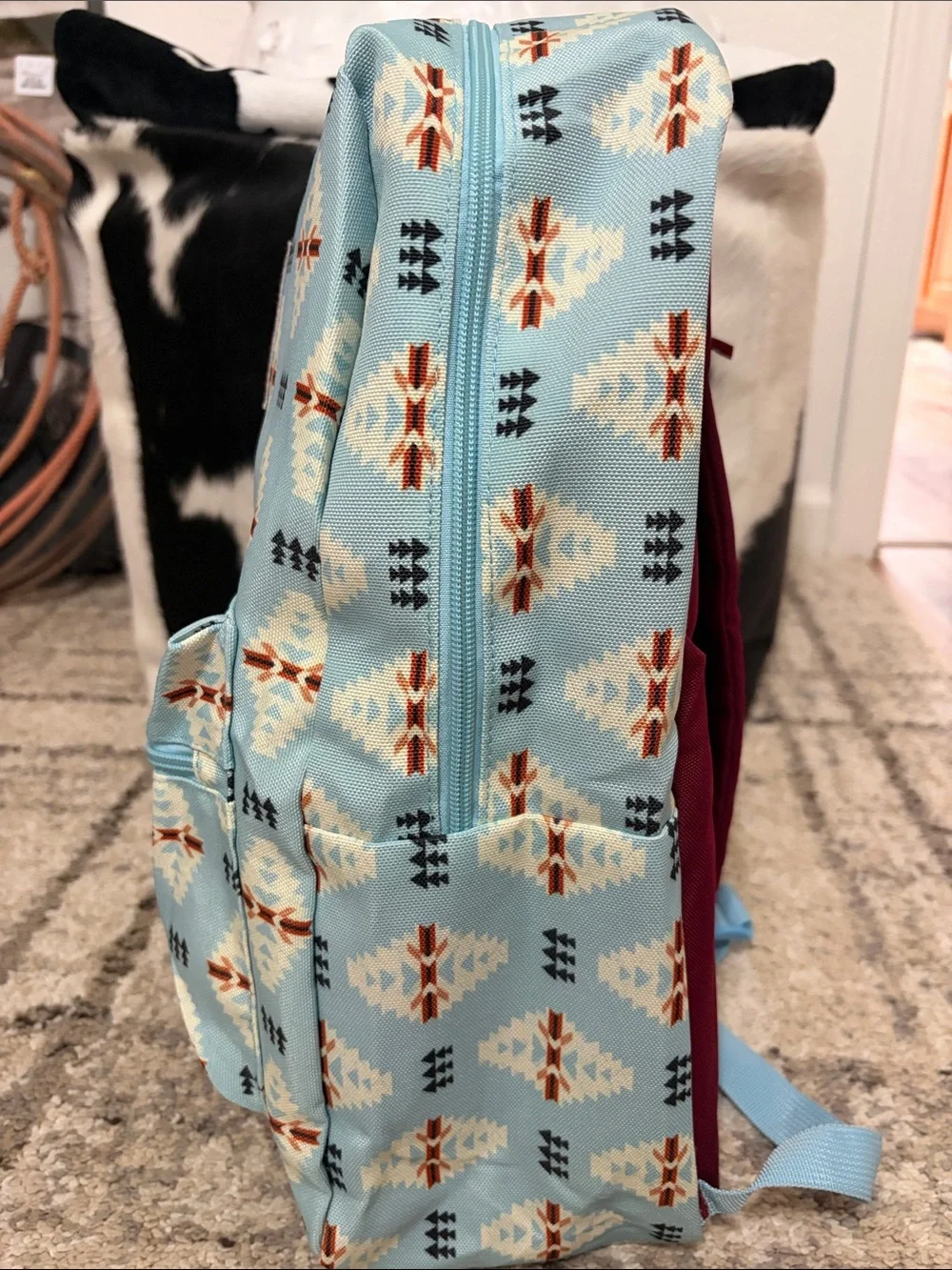 Montana West Light Blue Aztec Pattern Backpack with Burgundy Logo Patch